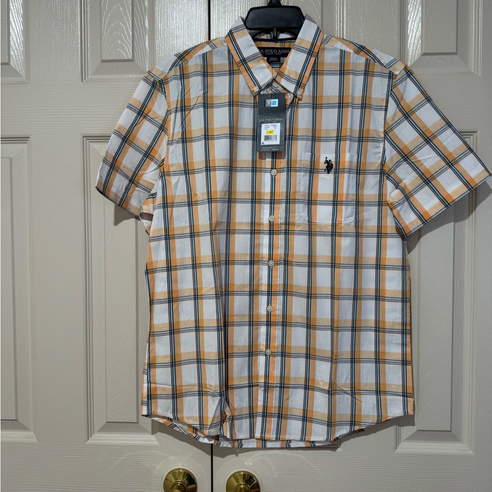 US Polo Assn Shirt Mens MED Orange/Multi Plaid Button Down Short Sleeve Collared